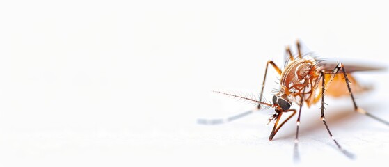  A crisp close-up of a mosquito above a tranquil white background; its mirrored form in the water below