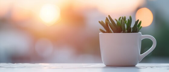 Wall Mural -  A potted plant in a white ceramic cup on a table, sun filtering through tree branches in the background