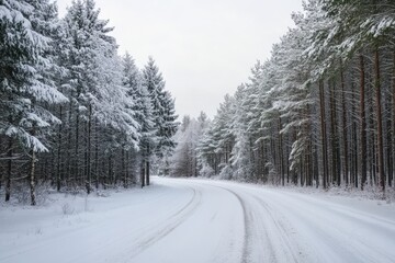 Poster - Snow-covered road through a dense pine forest on a winter day. Perfect for winter and seasonal designs.