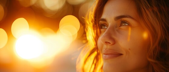 Wall Mural -  A woman's face, tightly framed, with the sun casting golden rays behind, and foreground softly lit by bokeh-ed lights