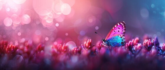  A blue-pink butterfly atop a field of pink blooms, background blurred with soft bokeh light