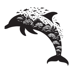 silhouette of Dolphin filled with underwater view with coral in rough drawing