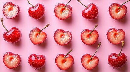 Sticker -   A cluster of cherries stacked on one another resting atop a rose-hued background, adorned with droplets of water