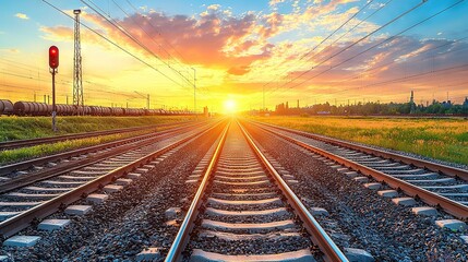 Poster -   A photo of a train track under the setting sun, with power lines running alongside it