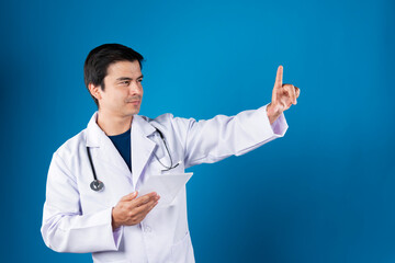 Wall Mural - Smart doctor holding transparent tablet searching disease research zoom in or out for choosing futuristic technology for remedy therapy healthcare innovation interface hologram r screen. Contrivance.