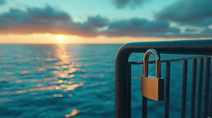 Sticker -   A zoomed-in image of a lock on a rail above a water body during sunset