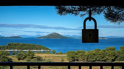 Wall Mural -   A lock dangling from a tree above a lake and a distant mountain range