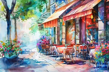 European City Cafe Scene. Watercolor Drawing of Cosy Summer Terrace in Urban Paris