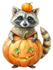 Wall Mural - Adorable Raccoon in Pumpkin Costume for Halloween - A cute raccoon wearing a pumpkin costume, holding a jack-o-lantern, symbolizing fall, Halloween, harvest, cuteness, and joy.