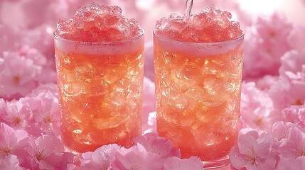 Poster -   Two ice-filled glasses resting on a table beside pink flowers with a straw in the center