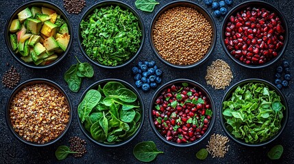 Poster -  Bowls of various fruits and vegetables on black background