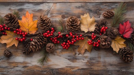 Poster - Vibrant autumn leaves, pinecones, and red berries are artistically arranged on a weathered wooden table.