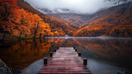 Sticker -   A wooden dock on a lake beside an orange-yellow tree-filled forest