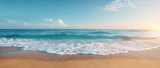  A sandy beach with an incoming wave and a blue sky dotted with white clouds