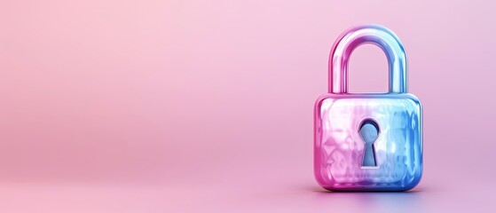  A blue and pink padlock on a pink backdrop; reflection of a person within 32 tokens..Or, for a more descriptive version:..