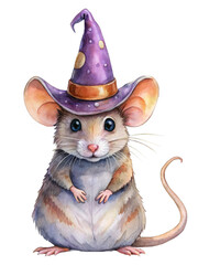 Sticker - Adorable Mouse in a Witch Hat for Halloween - A cute cartoon mouse wearing a purple witch hat with yellow stars, symbolizing Halloween, magic, cuteness, fantasy and childhood.