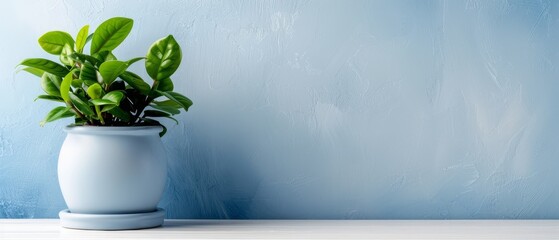 Wall Mural -  A potted plant atop a white table, adjacent to a blue wall, with a blue wall as its backdrop