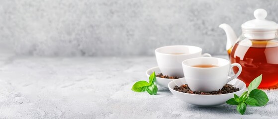 Sticker -  A teapot, brimming with green leaves, sits next to a steaming cup of tea Another teapot similarly holds green leaves in readiness