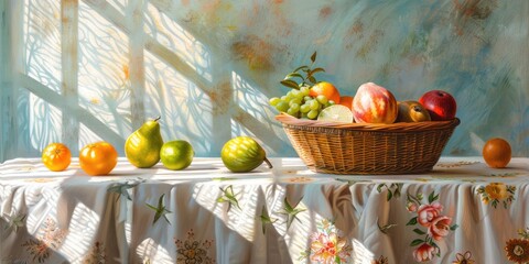 Poster - Kitchen table with tablecloth and a fruit basket with starfruit kiwi lime orange and tangerines