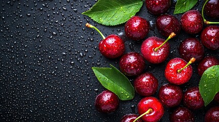 Poster -   A table with green leaves and raindrops holding cherries