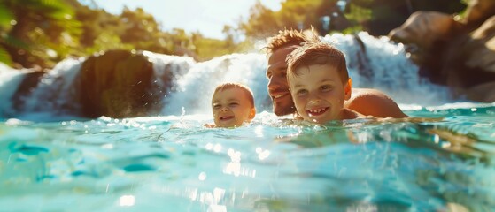  A man and two children swim in a pool featuring a waterfall background