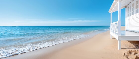 Wall Mural - ocean view, white house on shore, blue sky background