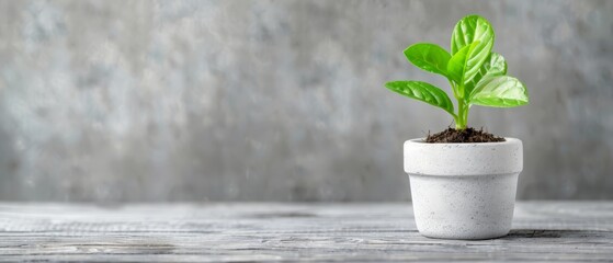 Wall Mural -  A small potted plant with a green leaf sits atop a wooden table, contrasting the gray wall behind it