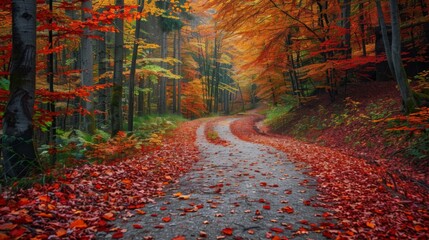 Poster - A winding path through a forest is blanketed with colorful fallen leaves, illuminated by the soft morning light.