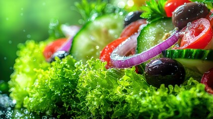 Poster -   A close-up of vibrant vegetables atop a bed of lush lettuce, adorned with shimmering water droplets