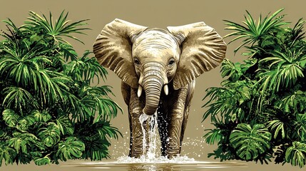 Poster -   An elephant splashes water into a pool surrounded by palm trees in a painting