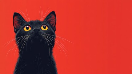 Illustration of Curious Black Cat with Bright Yellow Eyes on Vibrant Red Background