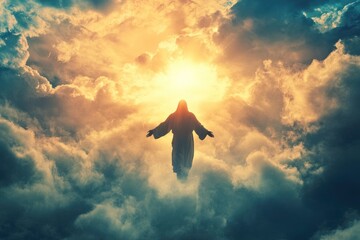 Jesus Christ In The Clouds on sky background,good friday concept with generative ai