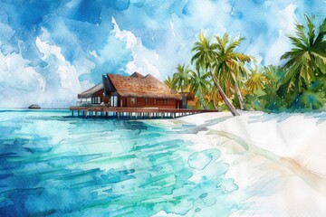 Wall Mural - Luxury Tropical Getaway. Hand-drawn Watercolor Bungalow on a Turquoise Lagoon Island