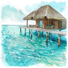 Wall Mural - Luxury Waterfront Bungalow in Paradise. Hand-drawn Watercolor Illustration of Tropical Resort on Blue Lagoon