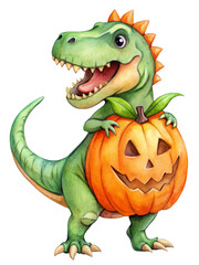 Canvas Print - Adorable Dinosaur Holding a Jack-o'-Lantern Pumpkin for Halloween - A cute green dinosaur with big eyes and a toothy grin is holding a jack-o'-lantern pumpkin, symbolizing Halloween, fun, friendship, 