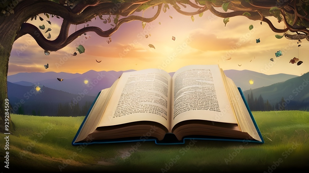 This is a magical image of a book that opens up to reveal a path ...