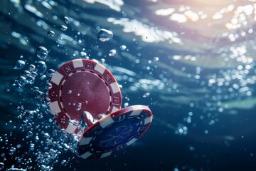 Canvas Print - A gambling chips symbolizing creative thinking as it sinks underwater, surrounded by bubbles. The floating bubbles add a visual accent