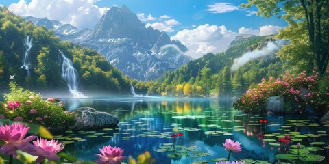 Wall Mural - beautiful water landscape with flowers