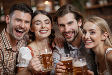 Oktoberfest, a group of happy friends resting at the festival, cheerful smiling guys and girls with glasses of beer in their hands, close up