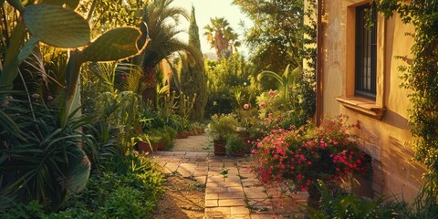 Poster - Scenic Floral Garden in the Backyard of a Mediterranean Residence