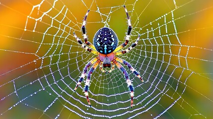 Wall Mural - spider on web with water droplets - close up