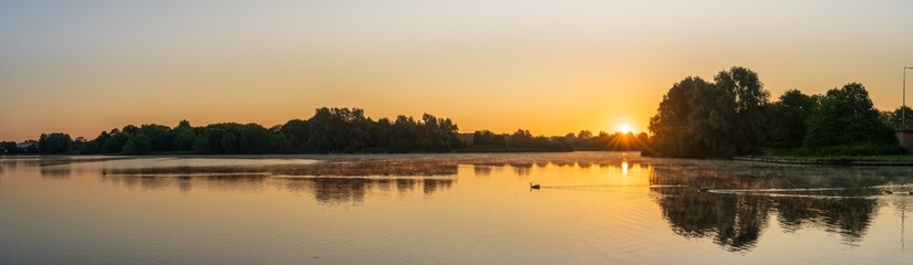 Wall Mural - Foggy lake sunrise. Milton Keynes. Caldecotte Lake. England