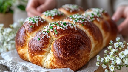   Close-up of a croissant with sprinkles on it, on a table beside flowers