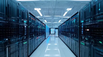 Poster - Take a look inside a modern data center showcasing rows of powerful servers and cutting-edge technology in a bright, expansive space.