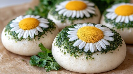 Wall Mural -   A close-up of doughnuts with flowers and a sprig of parsley