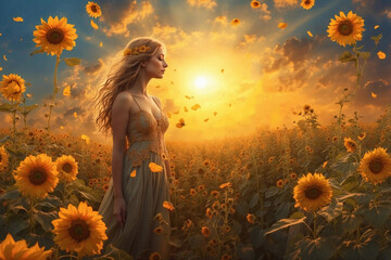 Woman in Sunflower Field under Sun Rays