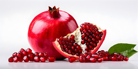 Close up ripe red pomegranate fruit on white background 