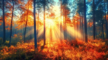 Sticker - Golden Rays in Autumn Forest