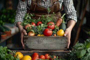 Harvesting fresh vegetables and herbs in a wooden crate at a local market in the countryside during late summer