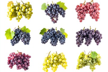 Set of grapes of different varieties and colors, isolated on a white background with generative ai